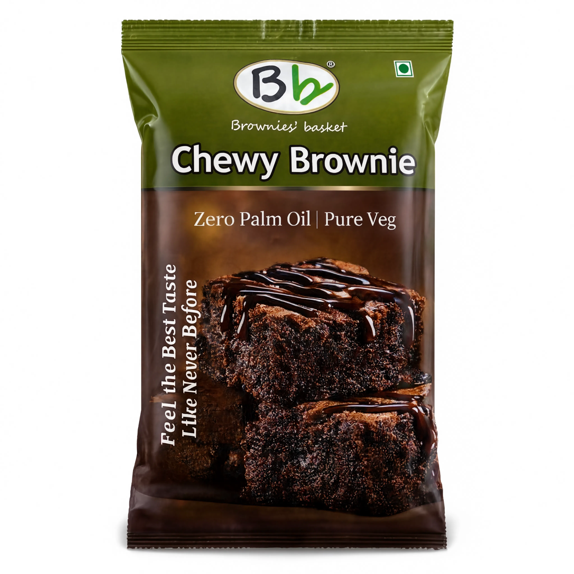 Packaging of Chewy Brownie with a green and brown design on a white background