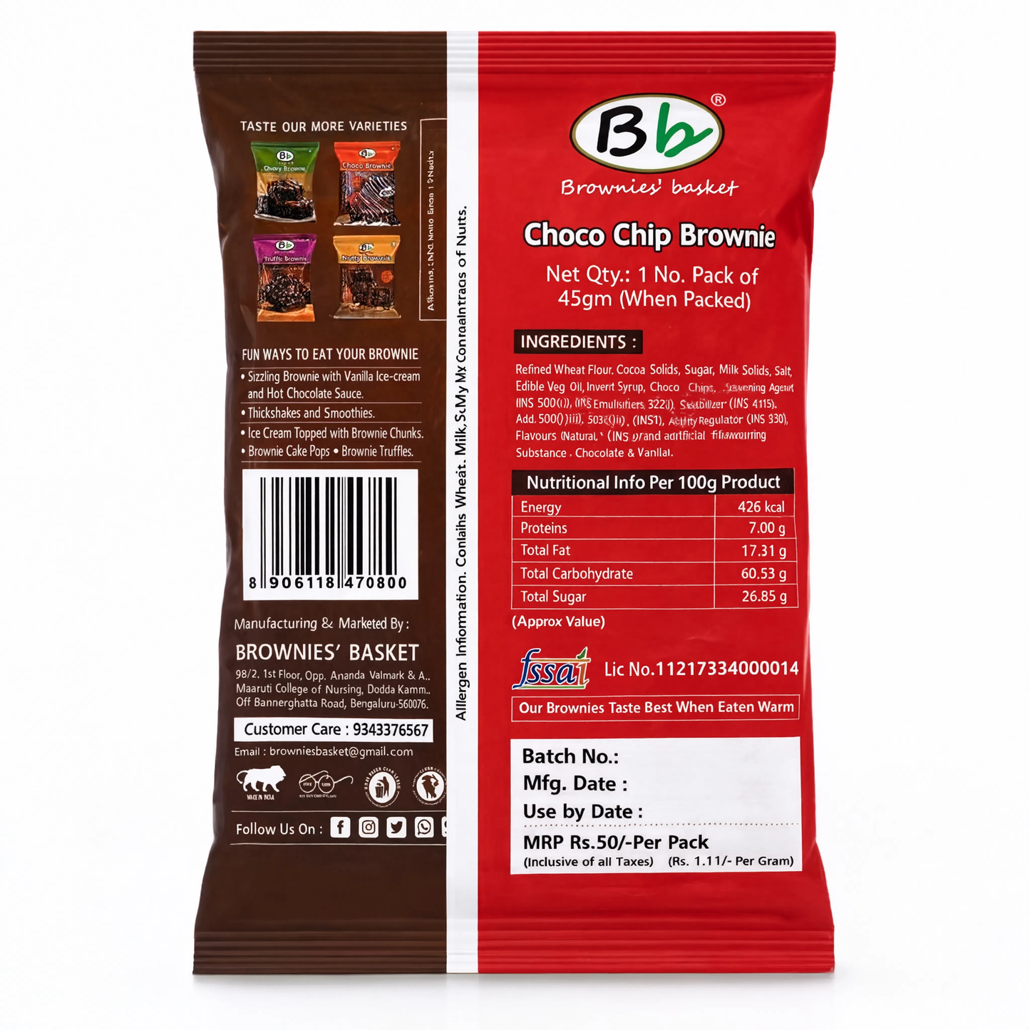 Choco Chip Brownie | Fudgy Brownie Loaded with Chocolate Chips | Brownies Basket